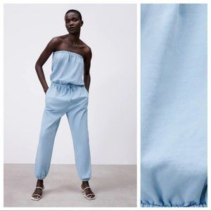 Zara Blue Washed Effect Long Strapless Jumpsuit with Pockets Size M